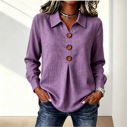 Purple version of the shirt worn with jeans, with gathered cuffs and wooden buttons 14