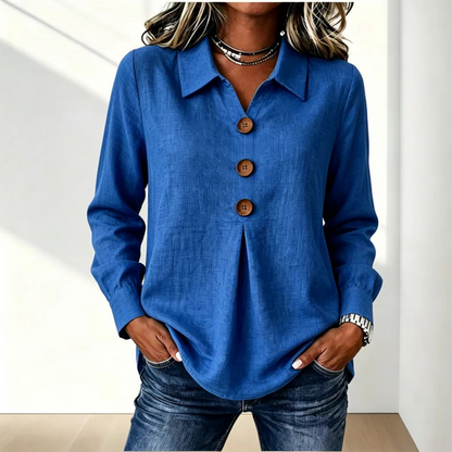 Bright blue version of the shirt worn with jeans, front view 15