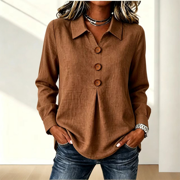 Brown version of the shirt worn with jeans, with collar and gathered cuffs 3
