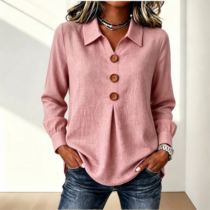 Pink version of the shirt worn with jeans, front view with button placket 5