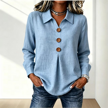 Light blue version of the shirt tucked loosely over jeans, front view 6