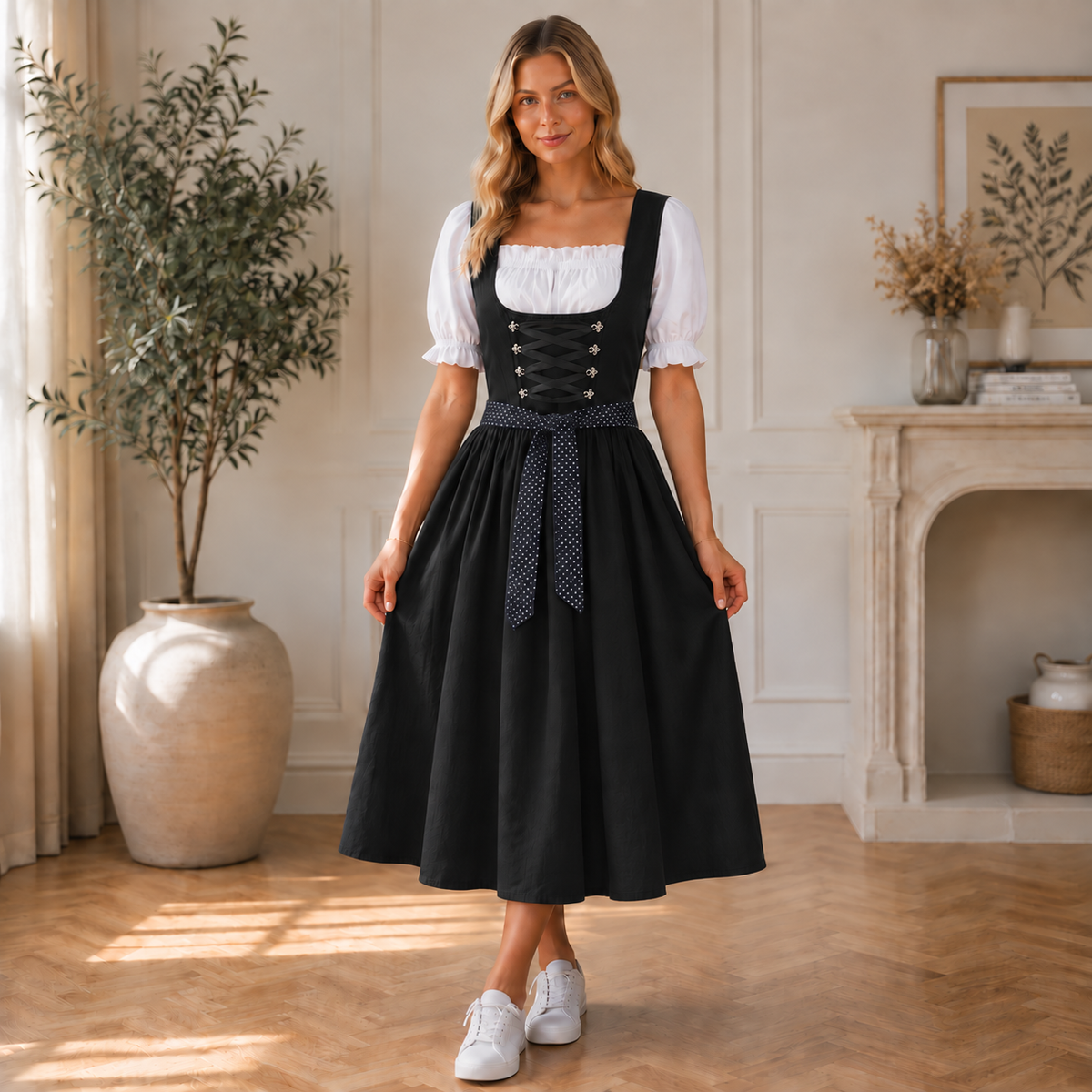 Full-length view of the black dirndl with lace-up bodice and polka-dot ribbon, worn standing in a bright room with an olive tree. 2