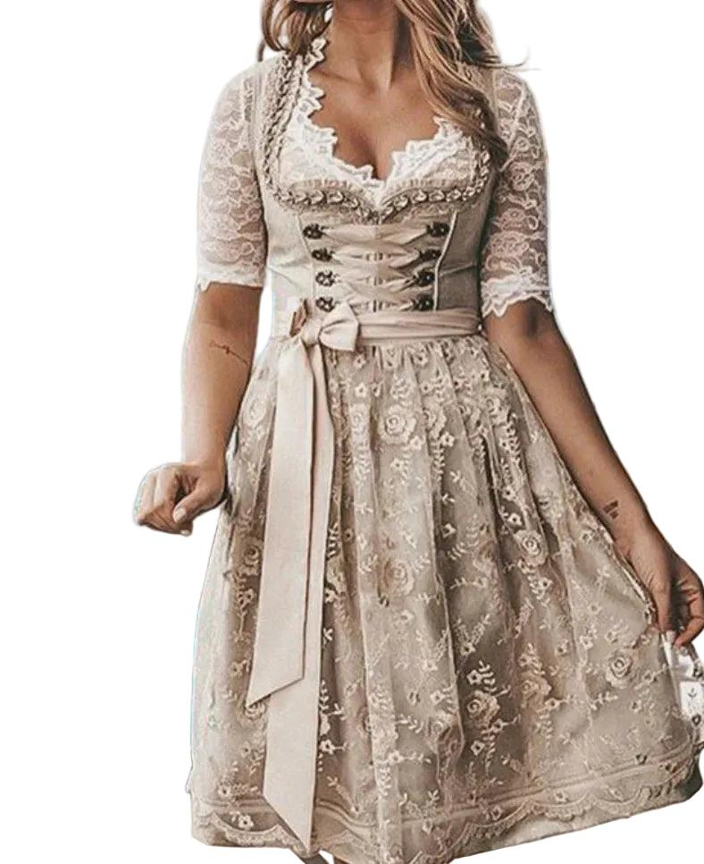Front view on a model of a cream dirndl with lace-up bodice, lace sleeves and a long satin waist bow. 1