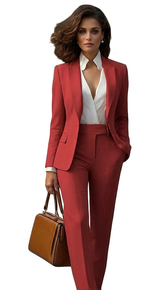 Model in a coral-red single-breasted blazer and trousers over a white blouse, holding a tan handbag 1