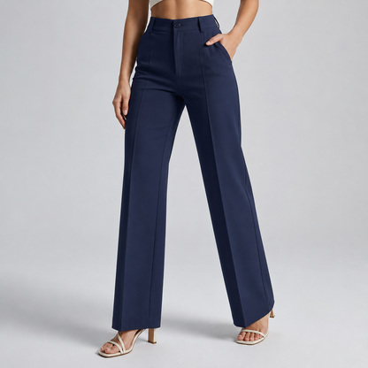 Navy blue trousers on a model with one hand in the pocket, front view 11