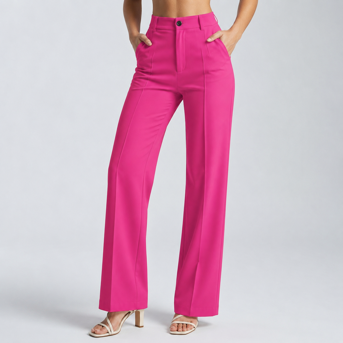 Bright pink trousers on a model with both hands in the pockets, front view 13
