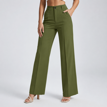 Olive green trousers on a model with one hand in the pocket, front view 20