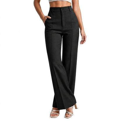 Black high-waisted trousers worn by a model with one hand in the pocket, front view 1