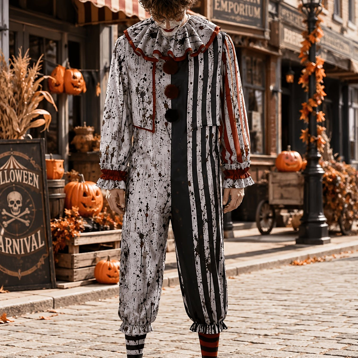 Close-up of the jumpsuit's upper body, showing the ruffled collar, three pom-pom buttons, splatter print and ruffled cuffs. 5