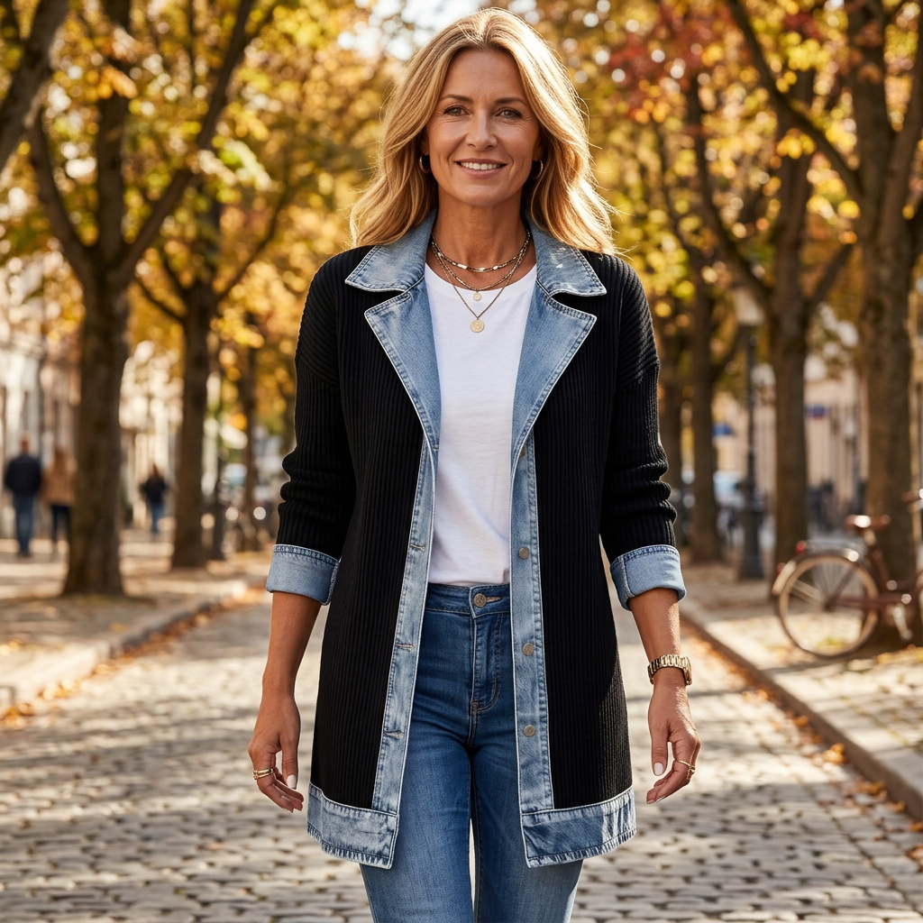 Woman in black ribbed knit coat with denim lapels walking down a tree-lined cobbled street in autumn 1