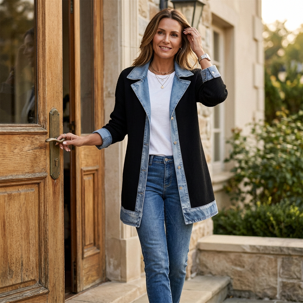 Smiling model stepping out of a wooden doorway, wearing the black ribbed coat with denim trim, white top and jeans, one hand at her hair. 2