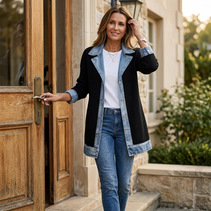 Smiling model stepping out of a wooden doorway, wearing the black ribbed coat with denim trim, white top and jeans, one hand at her hair. 2