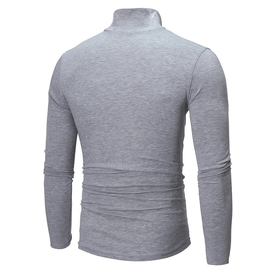 Back view of the light grey marl high neck top, showing the plain back and collar 9