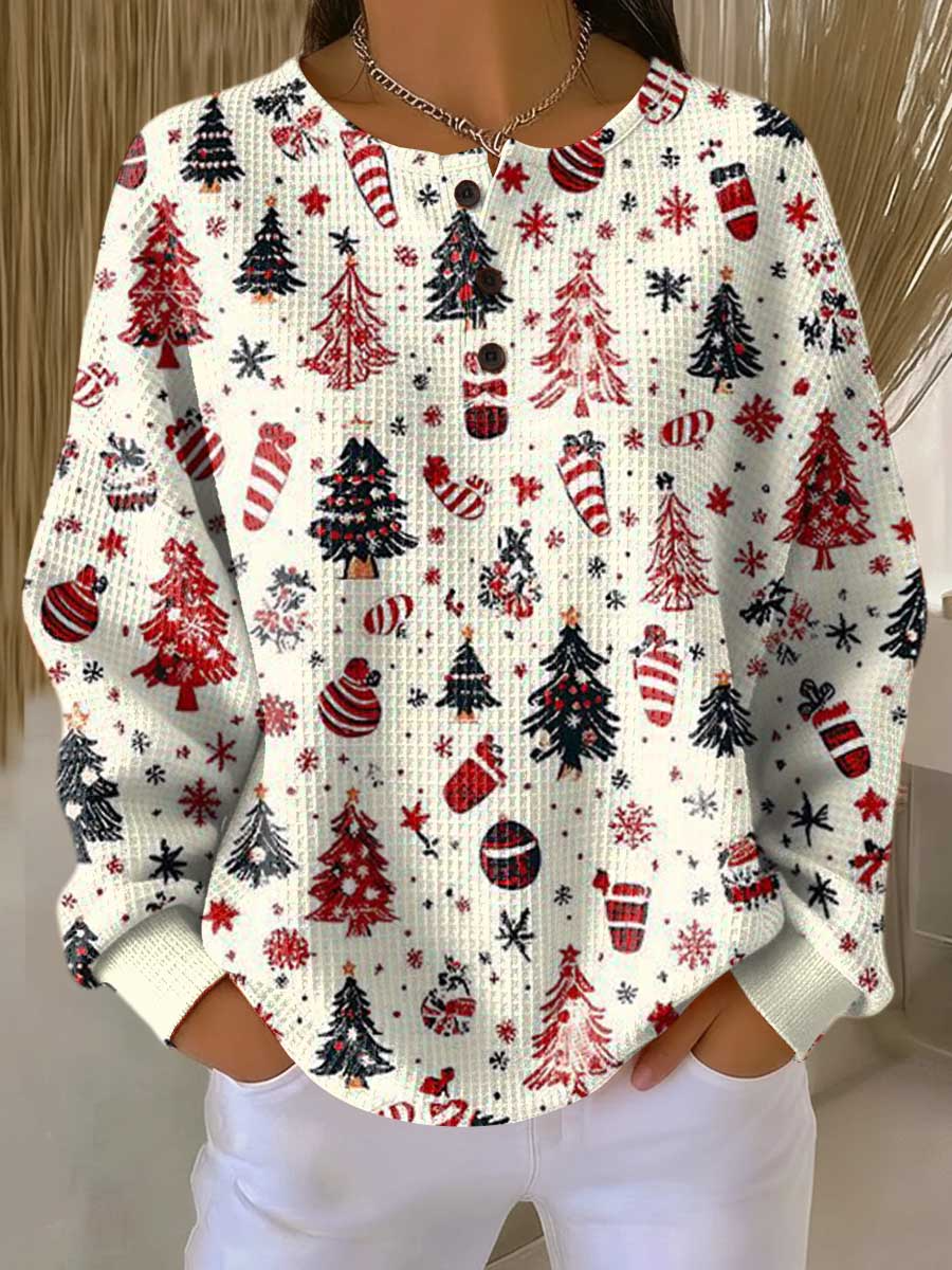 Cream waffle knit jumper printed with red and black Christmas trees, candy canes and snowflakes 16
