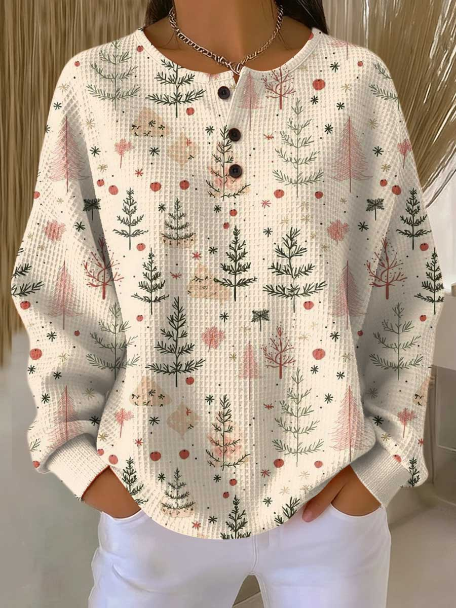 Cream waffle knit jumper printed with slender green and pink fir trees and red berries 17