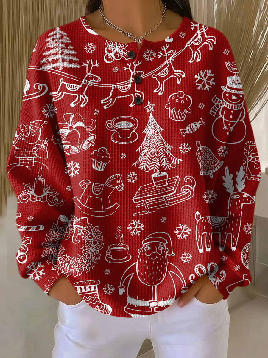 Red waffle-knit button-neck jumper with white line drawings of Santa, reindeer, sleigh, snowman and Christmas trees 21