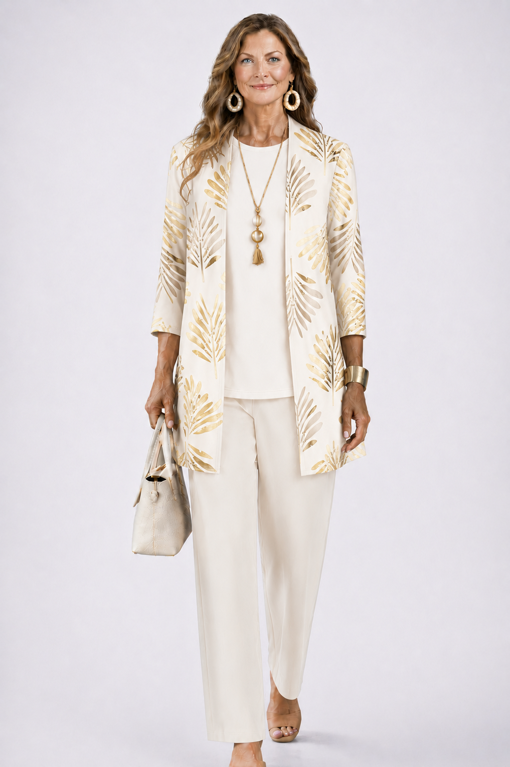 Model wears the cream set with a gold palm-leaf print on the open cardigan, carrying a handbag 3