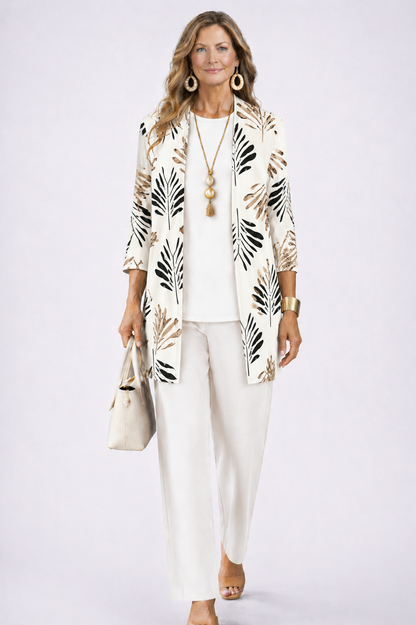 Model wears the white set, the open cardigan printed with black and tan palm leaves 4
