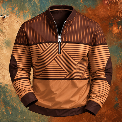 Brown and tan version of the striped half-zip jumper, front view with contrasting dark brown cuffs 5