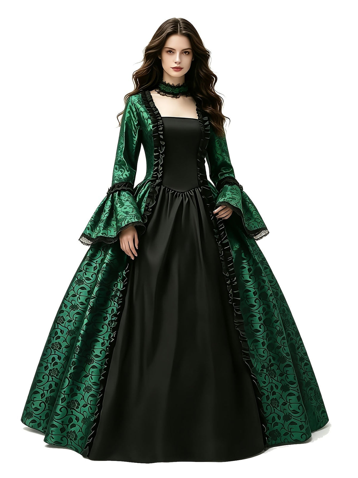 Front view of the green floral brocade gown with black bodice panel, lace-trimmed flared sleeves and matching choker, on white. 7