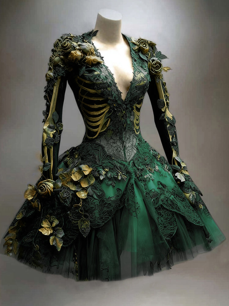 Dark green version on a mannequin, with gold skeleton ribs and arm bones, lace detail, golden roses and a layered tulle skirt. 4
