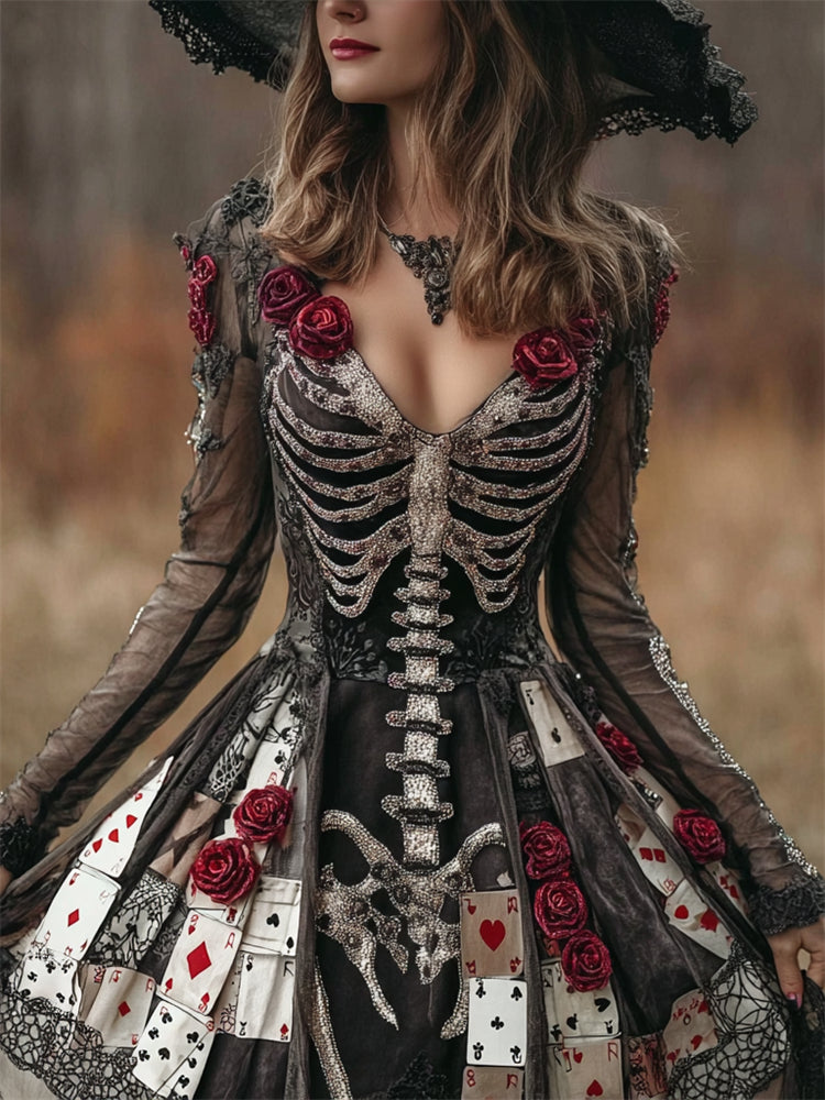 Model in a wide-brimmed hat wears the dress, showing its beaded ribcage bodice, red roses, sheer sleeves and playing-card 1