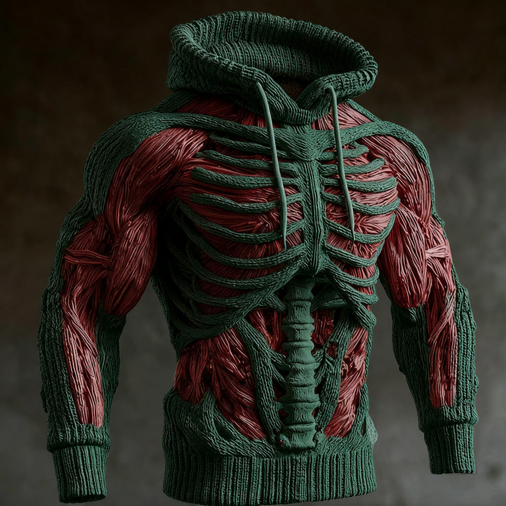 Dark green version of the knitted hoodie with raised rib cage and red muscle-pattern sleeves 3