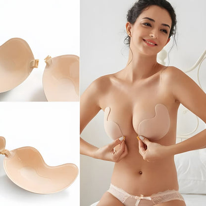 Collage of beige cups seen from the inside with clasp tabs, beside a woman fastening the bra at the front. 6