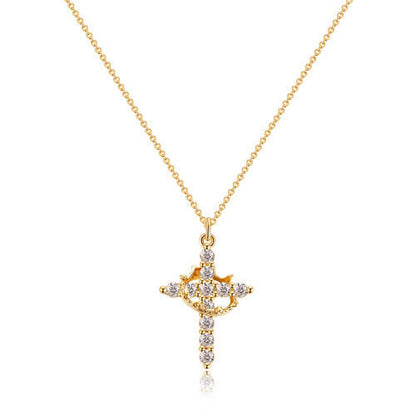 Gold-toned cross pendant set with clear stones and a small crown, on a fine chain 2