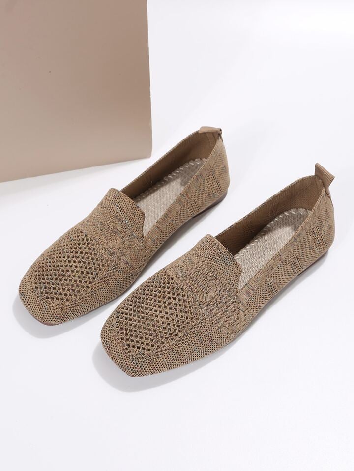 Pair of brown mesh slip-ons with square toes on a white surface, showing the cushioned insole inside. 8