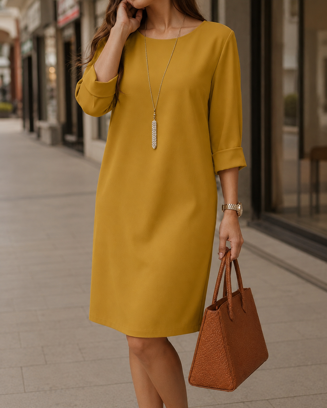 Close-up of the mustard-yellow dress with cuffed sleeves, worn with a long pendant and brown tote 7