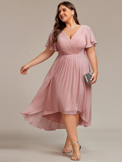 Chiffon High-Low Wedding Guest Dress with V-Neck and Short Sleeves 133