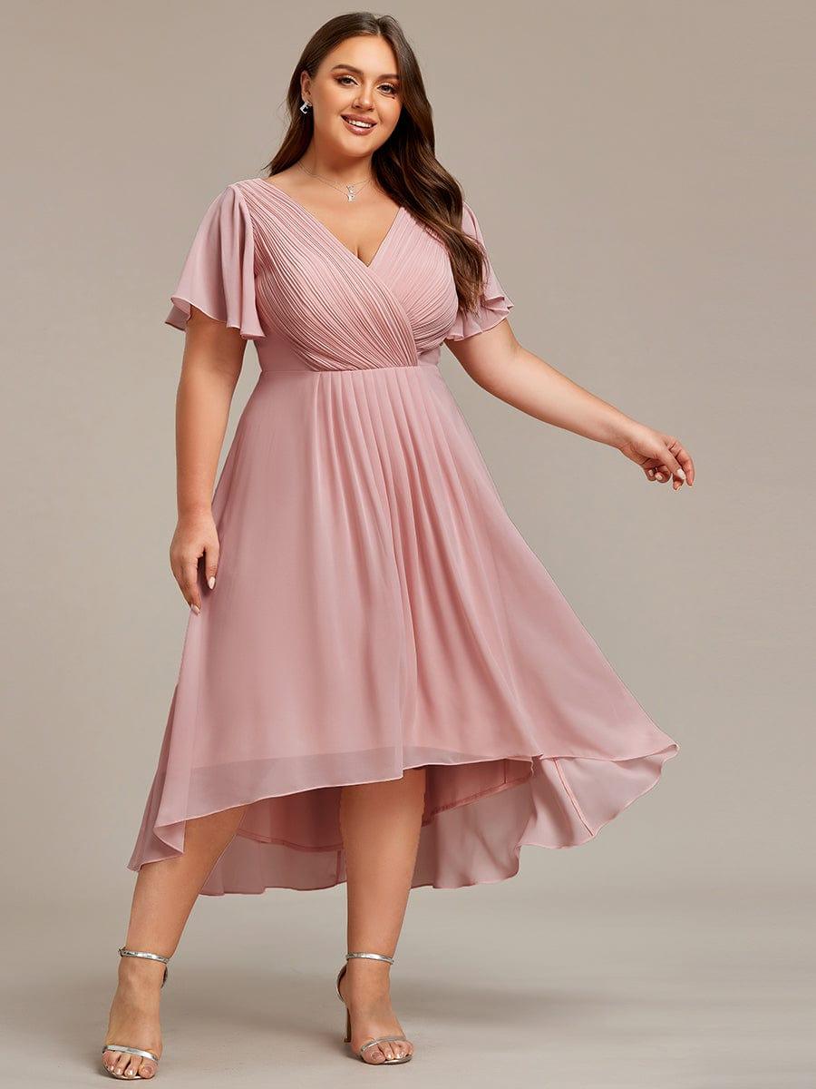 Chiffon High-Low Wedding Guest Dress with V-Neck and Short Sleeves 132