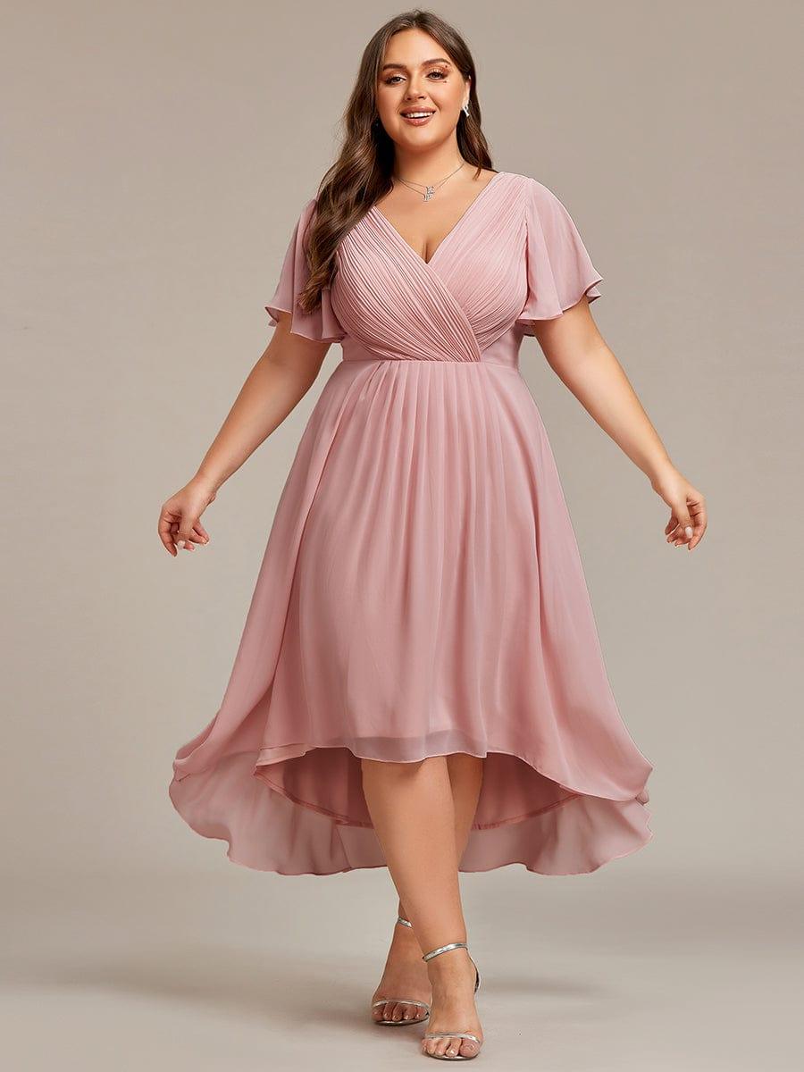 Chiffon High-Low Wedding Guest Dress with V-Neck and Short Sleeves 129