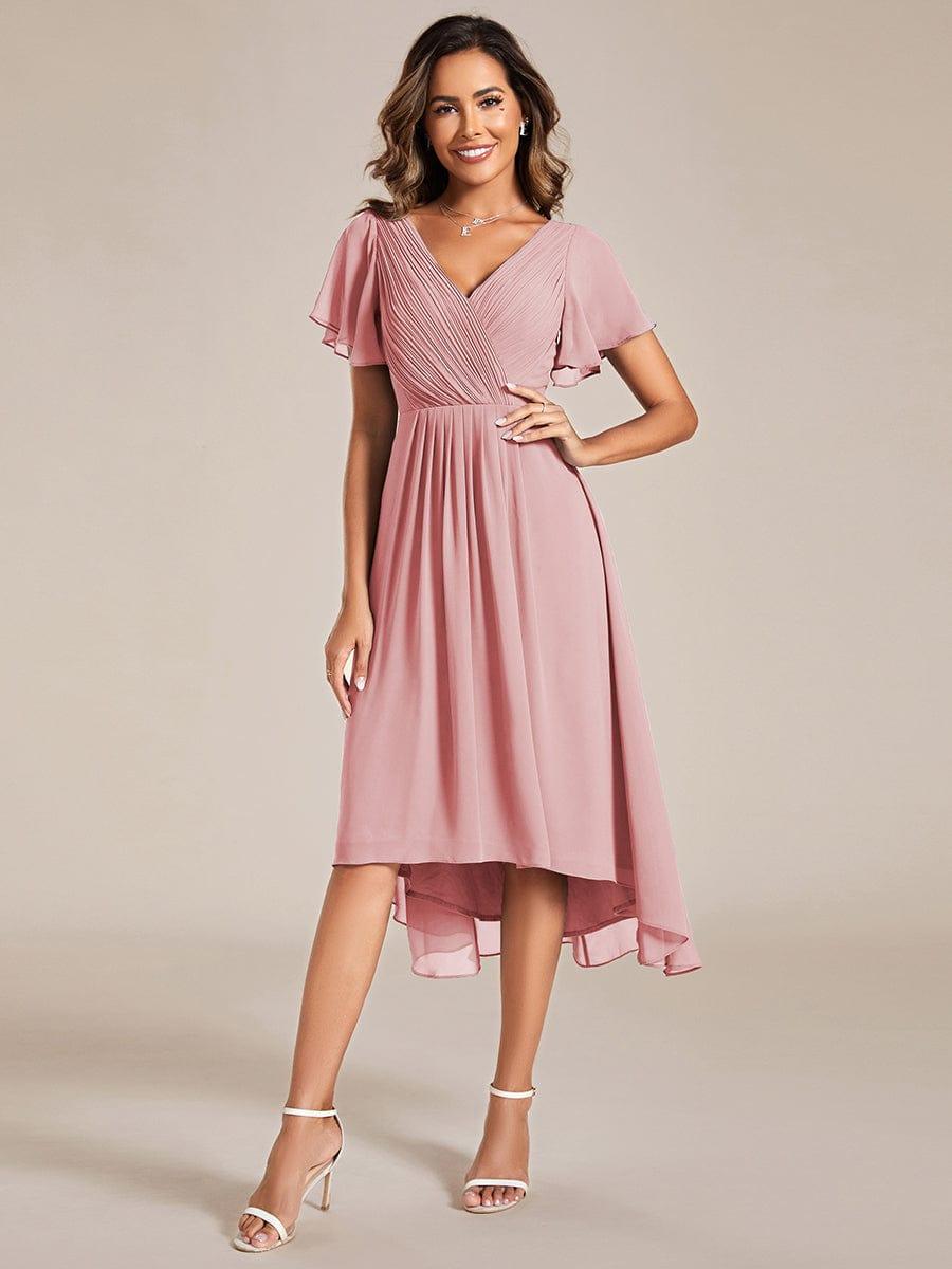 Chiffon High-Low Wedding Guest Dress with V-Neck and Short Sleeves 124