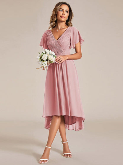 Chiffon High-Low Wedding Guest Dress with V-Neck and Short Sleeves 126