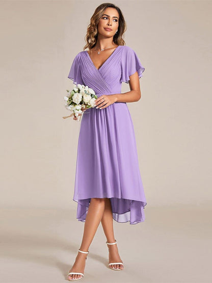 Chiffon High-Low Wedding Guest Dress with V-Neck and Short Sleeves 102