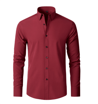 Burgundy red long-sleeved shirt with collar and black buttons, shown flat from the front on a plain white background. 7