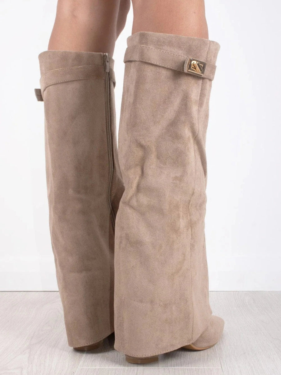 Back view of taupe suede-look knee boots showing the full-length side zip and gold turn-lock strap. 6