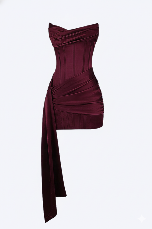 Front view of the strapless burgundy satin corset dress with a draped hip wrap and a long side panel hanging to the hem. 1