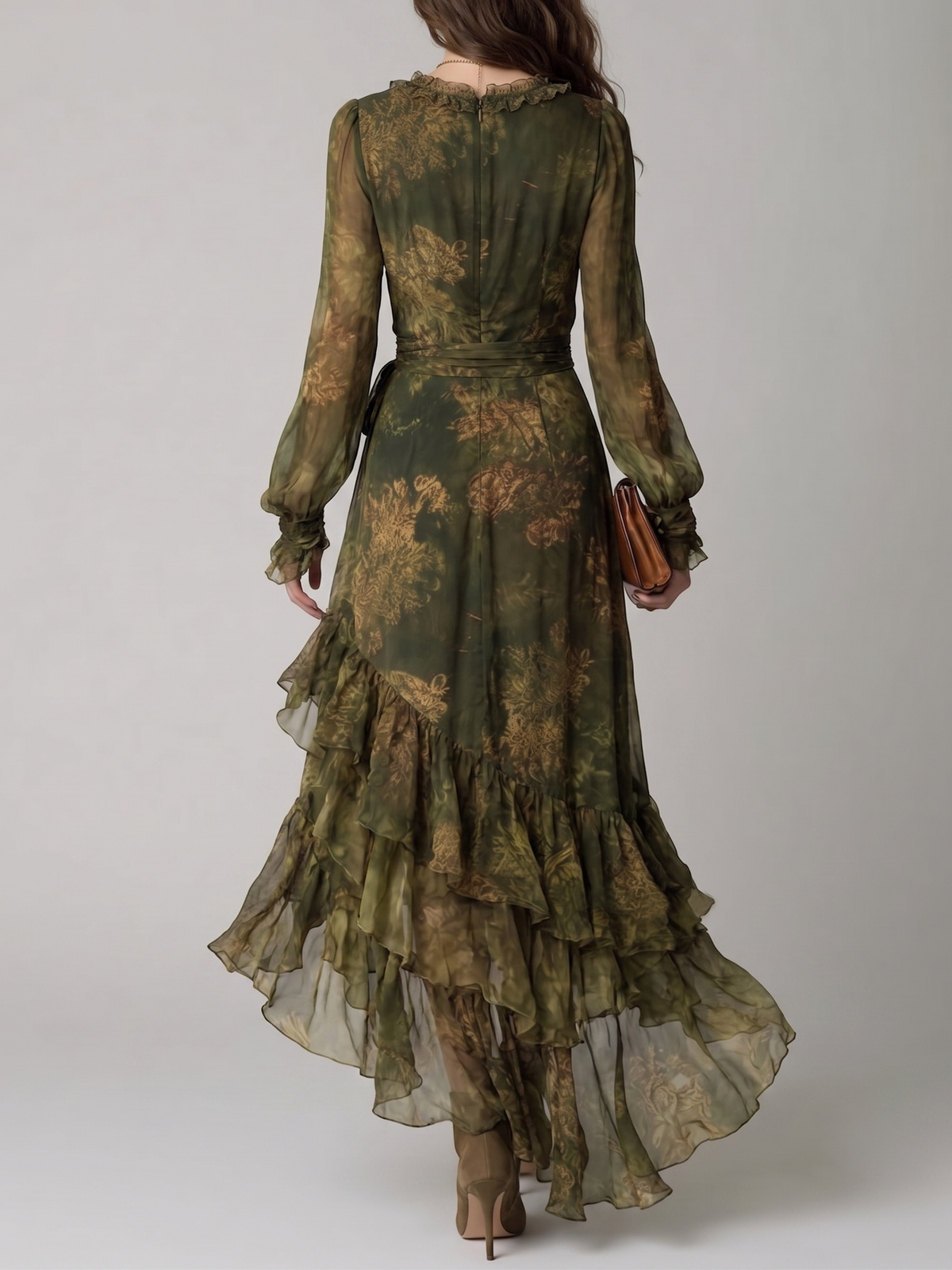 Back view of the dress showing the ruffled collar, concealed zip, waist tie and tiered sheer ruffles cascading down the long skirt. 2