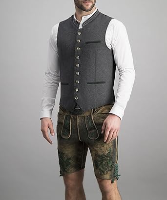 Full-length front view of a man wearing the waistcoat with a white shirt and leather shorts 2