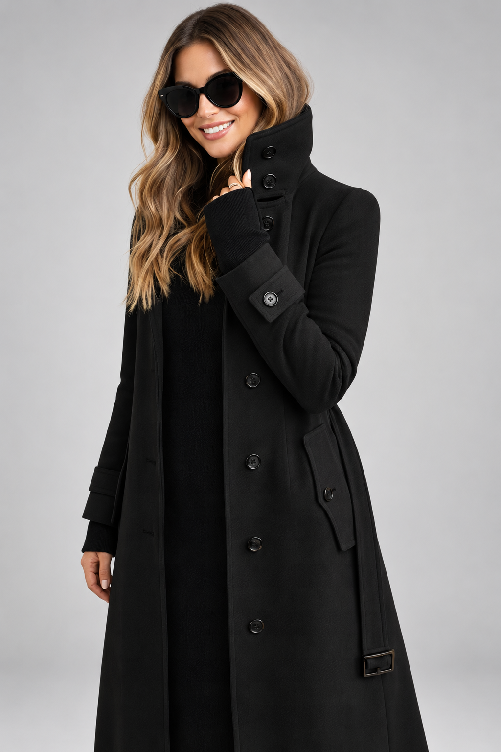 Close-up of the black coat with the stand collar turned up, showing buttoned cuff and pocket flap 5