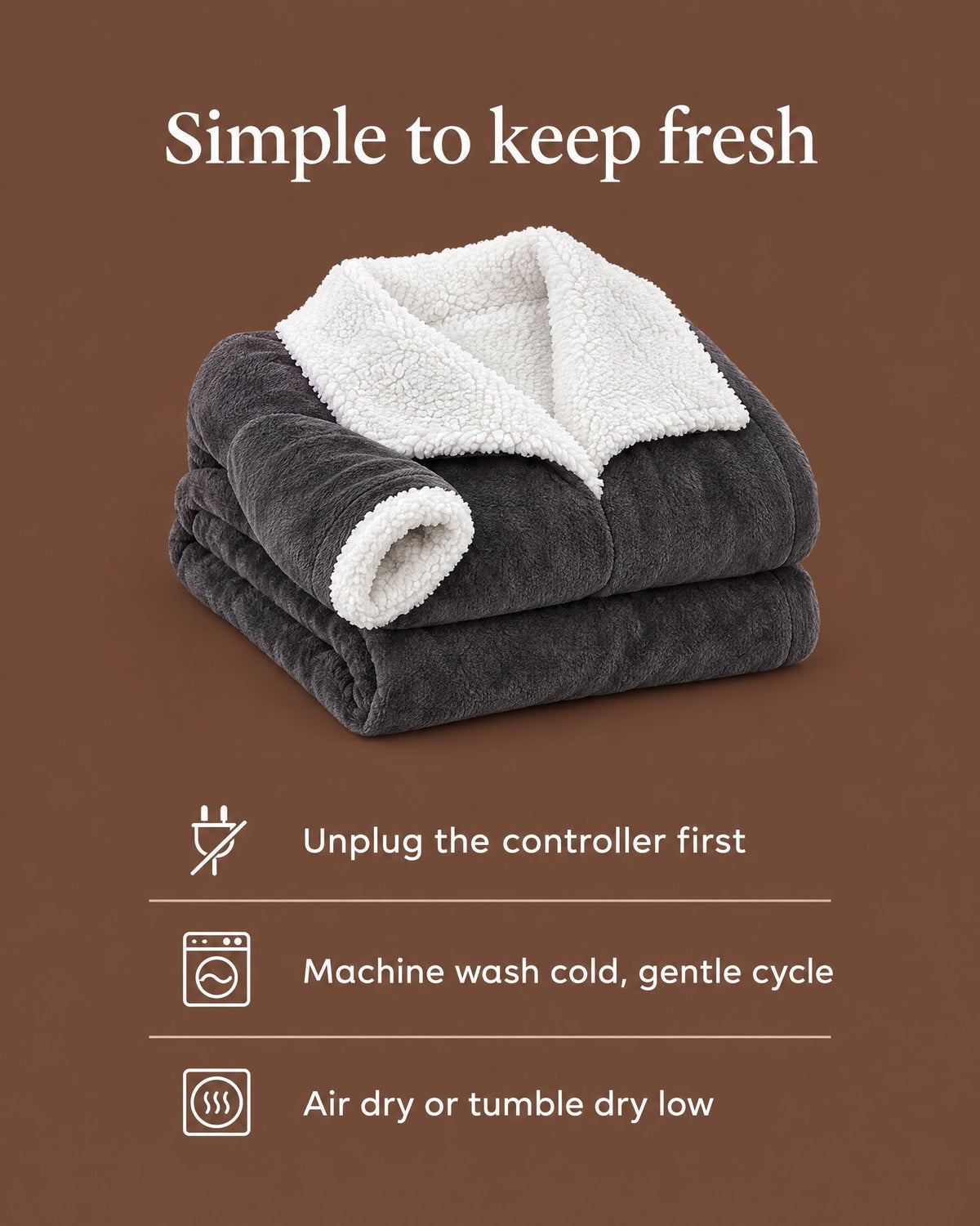 Neatly folded grey robe with white sherpa collar and cuff on a brown background, with washing and drying care icons listed below. 10