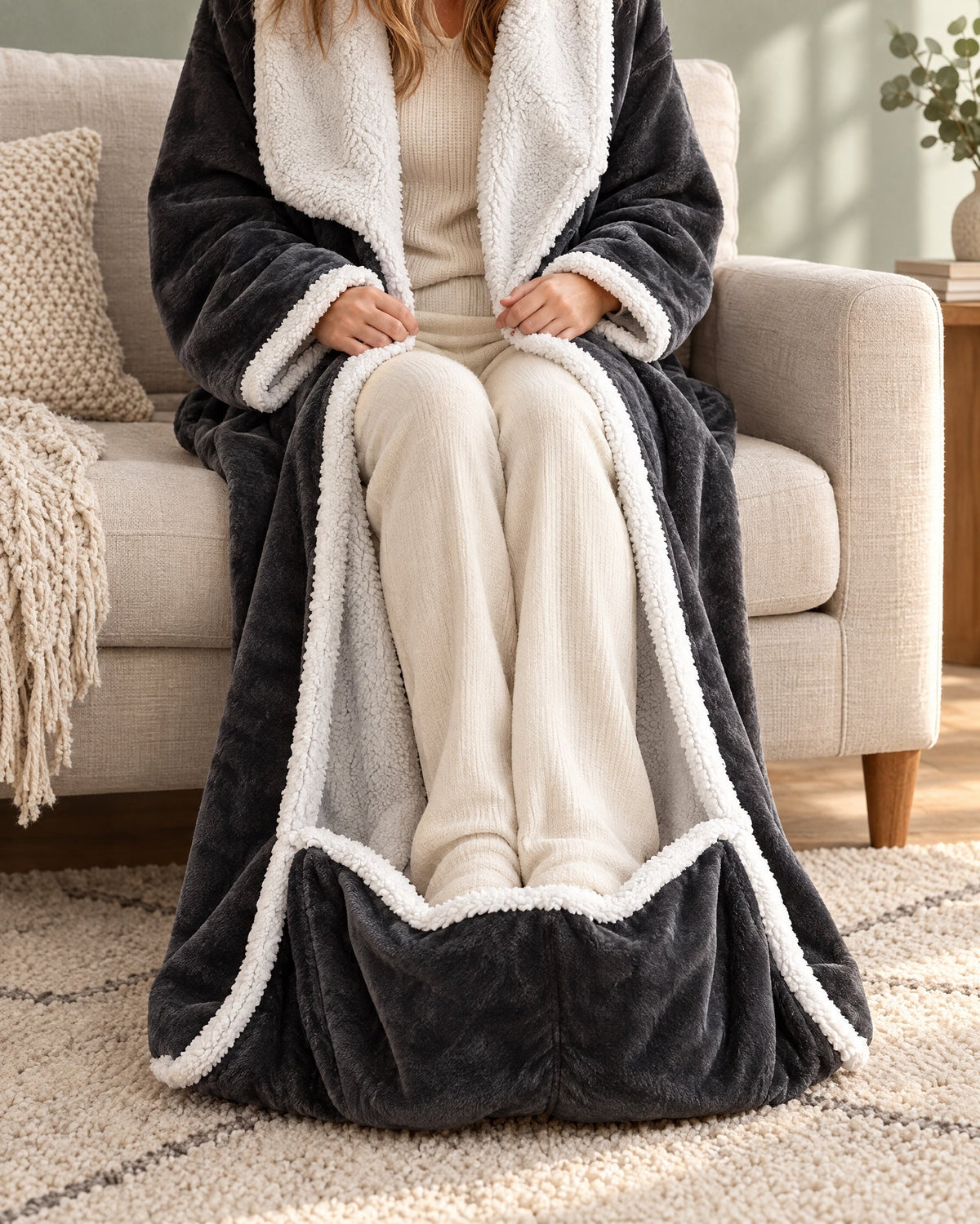 Seated wearer's lap and legs in cream loungewear, with both feet resting inside the robe's deep foot pocket on a sofa. 5