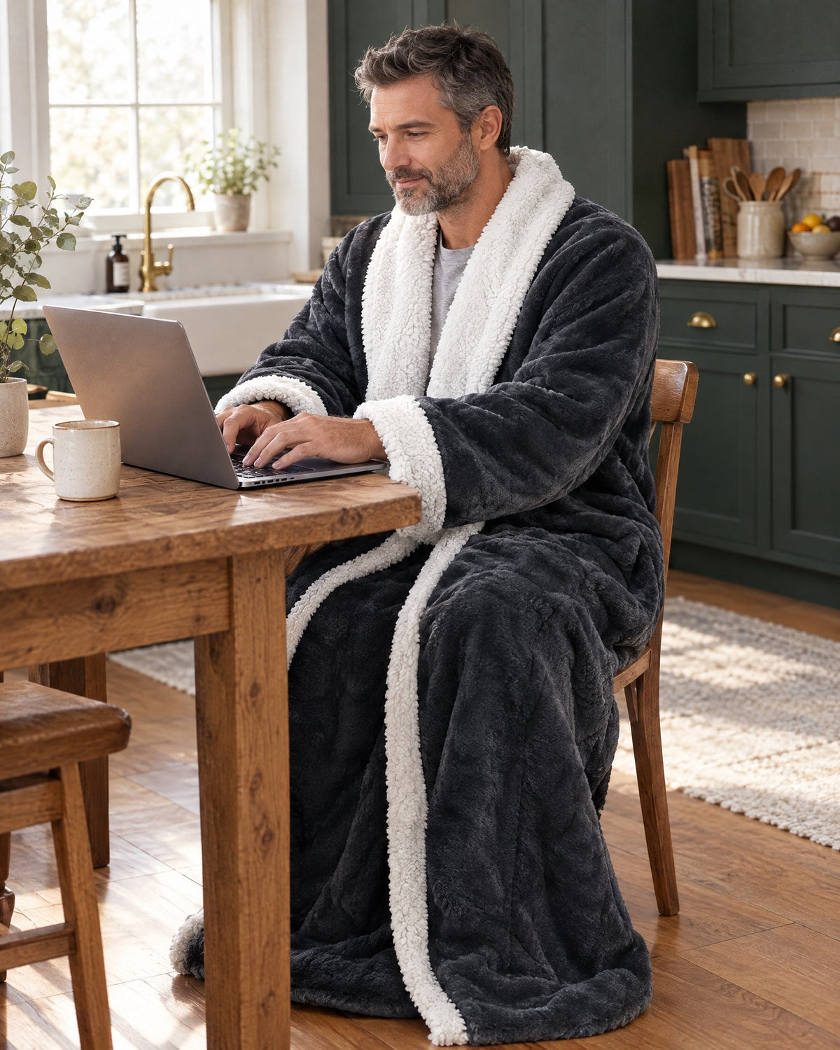 Man in the long grey robe with white sherpa collar sitting at a wooden kitchen table, typing on a laptop. 9