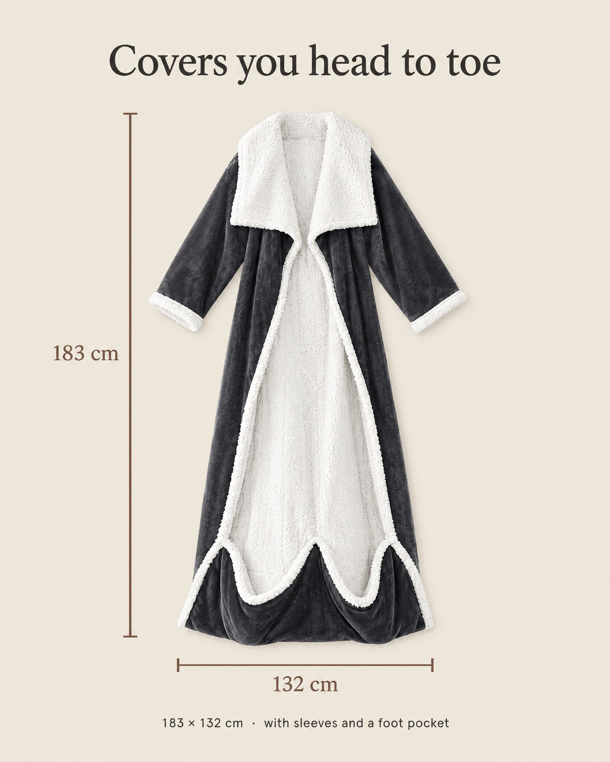 Flat view of the open robe on a cream background with measurement lines showing its length and width in centimetres. 7