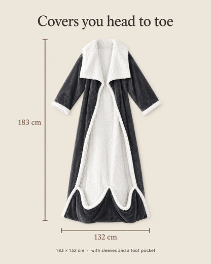 Flat view of the open robe on a cream background with measurement lines showing its length and width in centimetres. 7