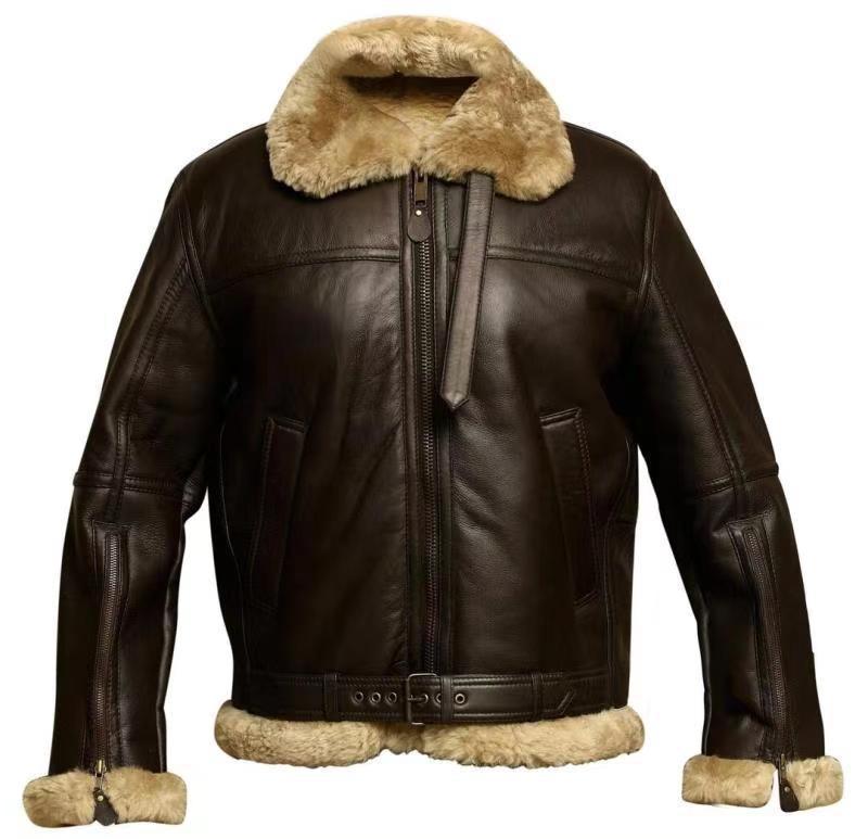 Front view of the dark brown leather jacket with shearling collar, cuffs and hem, belt and zipped sleeves 6