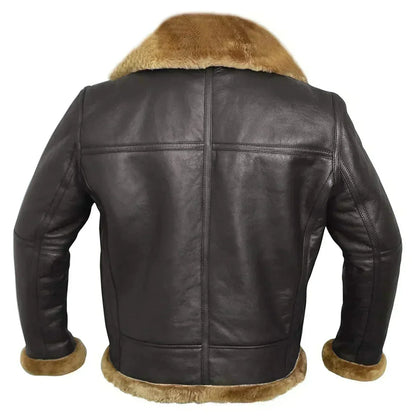 Back view of the dark brown leather jacket showing seam panels and the shearling collar and trim 7